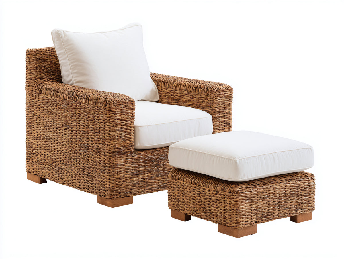 Sillón de ratán con puff 85x85x90 cm - rattan sintético-PE - estilo natural para exteriores