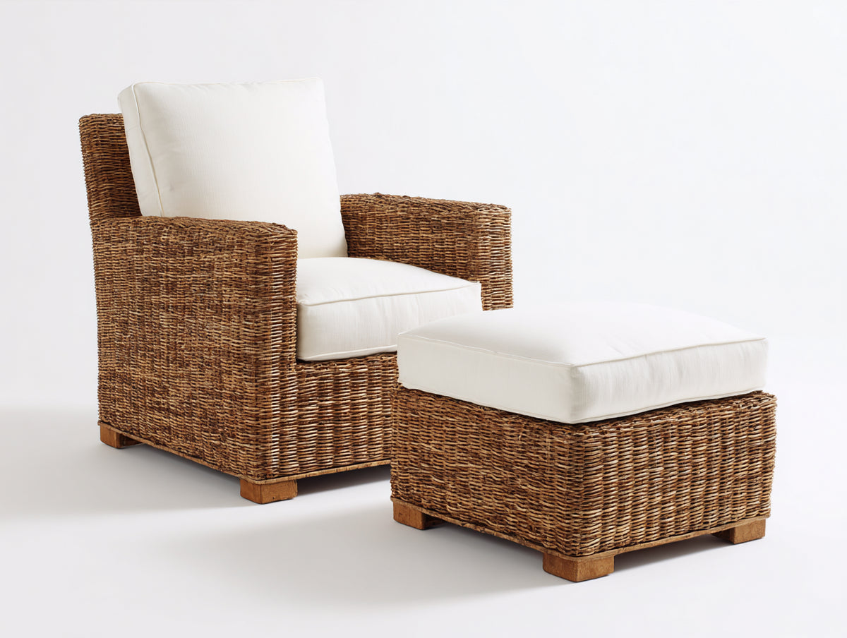 Sillones de ratán 95x85x92 cm - marrón-crema - con reposapiés