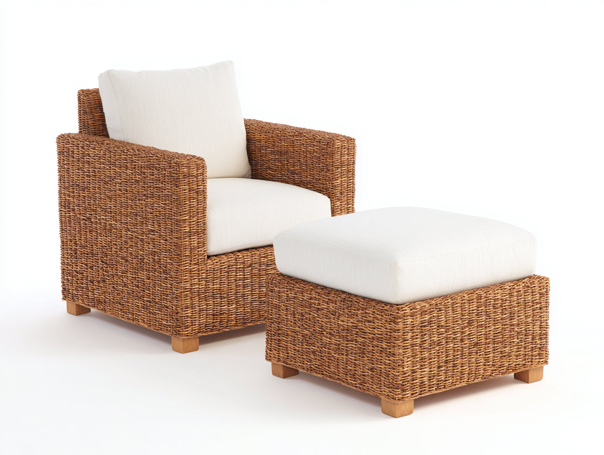 Sillón de ratán con reposapiés 92x85x82 cm - natural y crema - diseño exterior
