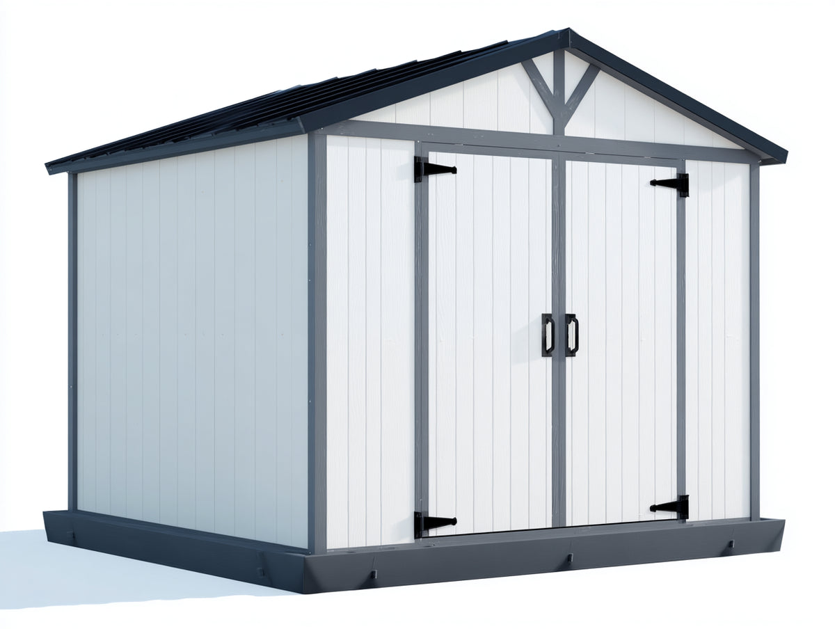 Caseta de jardín de madera 260x190x215 cm - blanco y gris oscuro - diseño clásico con 2 puertas