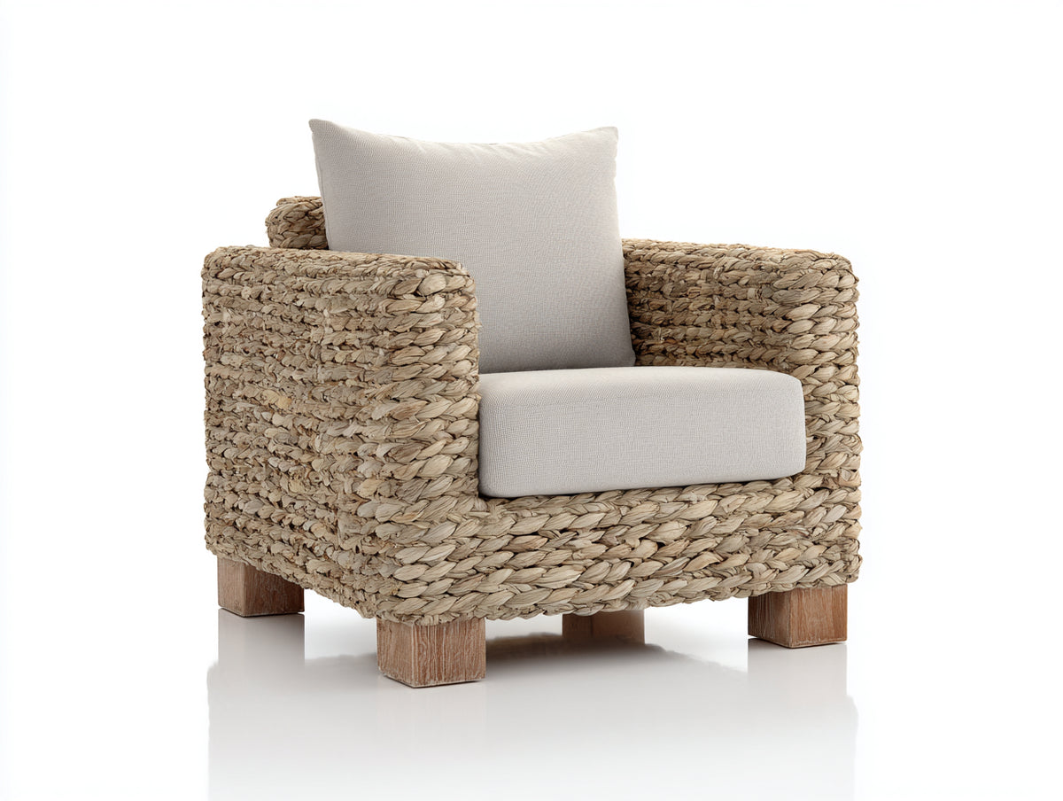Sillón de ratán 88x82x78 cm - natural y beige - diseño rústico con cojín acolchado